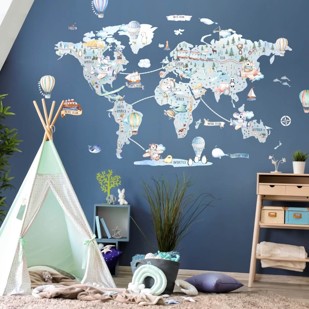 Carte du monde Décalcomanies murales Bleu Stickers muraux Chambre